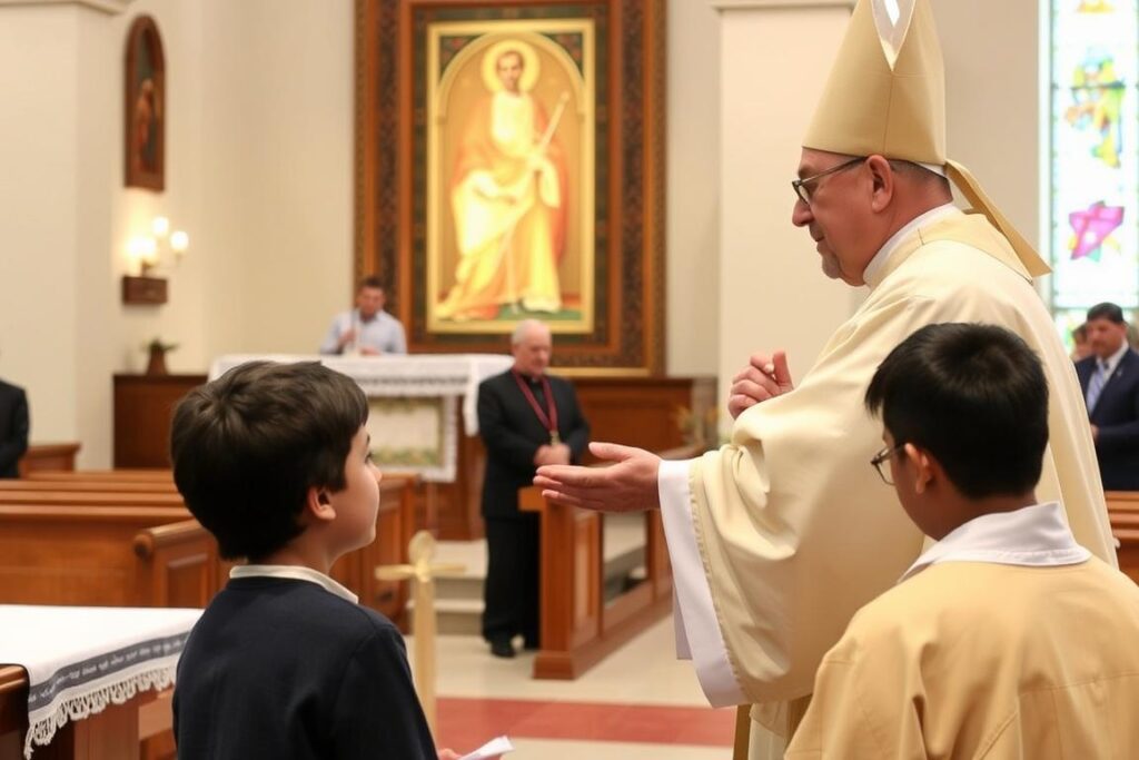 Ceremonia bierzmowania z patronem świętym Igorem - młoda osoba przyjmująca sakrament bierzmowania