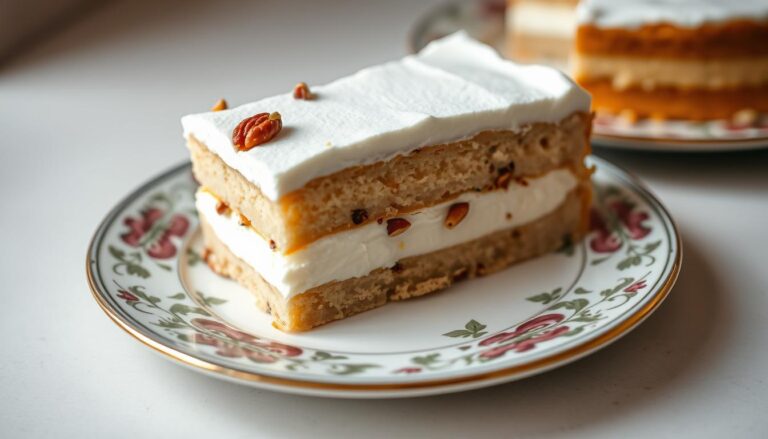 Ciasto Pani Walewska Siostry Anastazji na talerzu z widocznymi warstwami: kruchym spodem, bezą z orzechami i kremem budyniowym