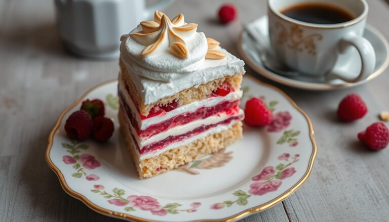 Ciasto malinowa chmurka siostry Anastazji na talerzyku z kawą