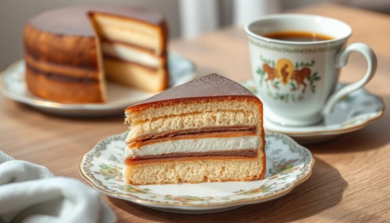 Ciasto niebo w gębie siostry Anastazji na talerzyku z filiżanką kawy