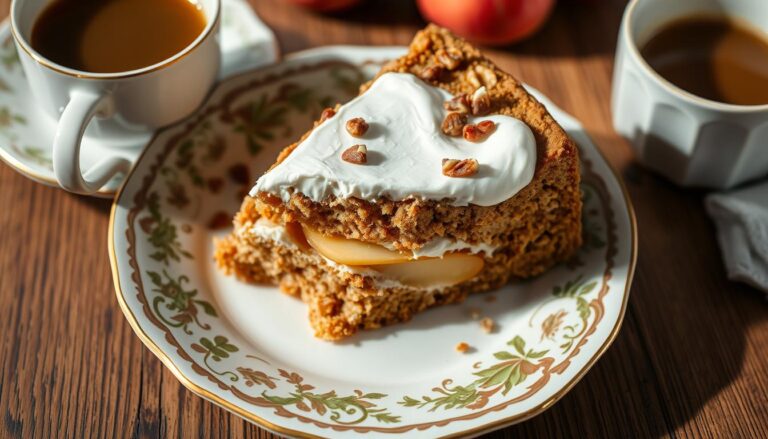 Ciasto z orzechami i jabłkami siostry Anastazji na talerzyku z filiżanką kawy
