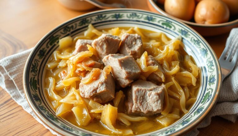 Karczek w kapuście kiszonej siostry Anastazji podany na ceramicznym talerzu z ziemniakami