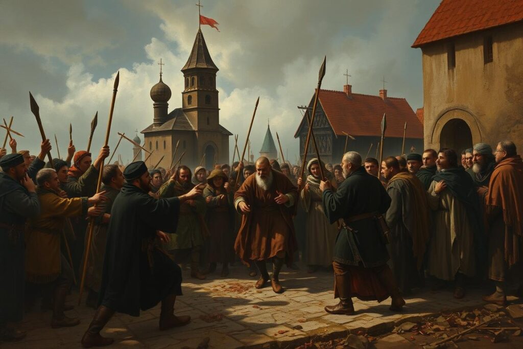 Męczeńska śmierć świętego Igora - scena przedstawiająca dramatyczne wydarzenia z 1147 roku w Kijowie