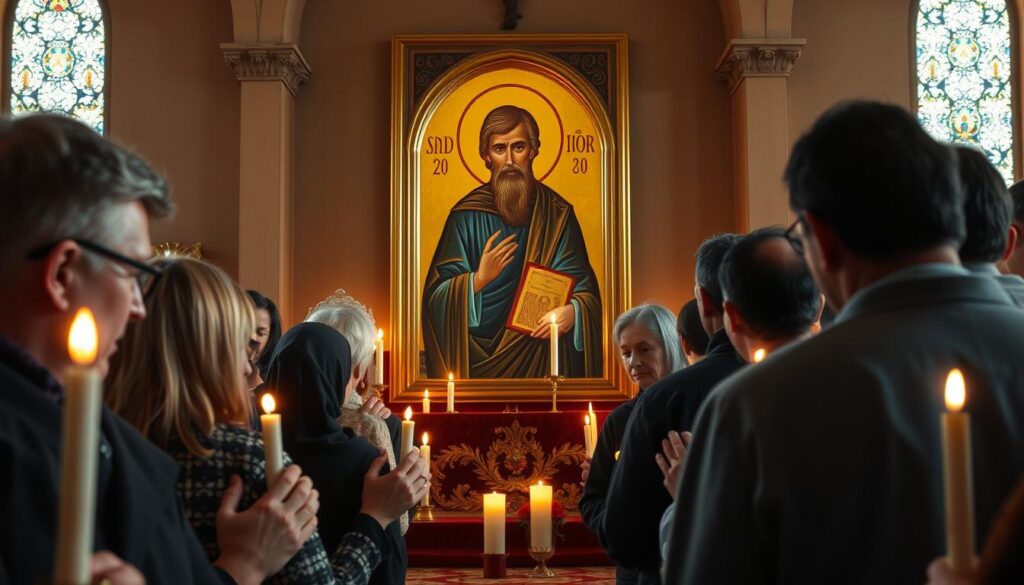 Modlitwa do świętego Igora - wierni modlący się przed ikoną świętego Igora