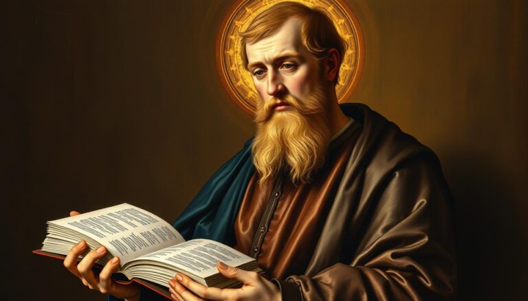 Portret św. Tomasza z Akwinu trzymającego księgę, średniowieczne malowidło przedstawiające 5 dowodów na istnienie Boga według świętego Tomasza