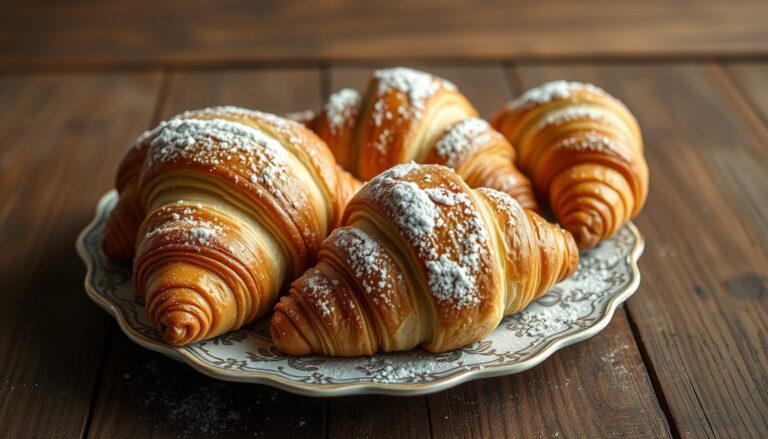 Rogaliki krucho-drożdżowe siostry Anastazji ułożone na talerzu, posypane cukrem pudrem