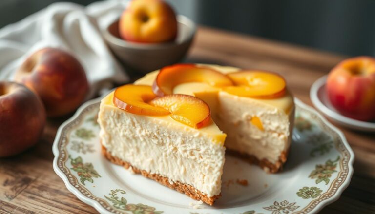 Sernik z brzoskwiniami siostry Anastazji na eleganckim talerzu