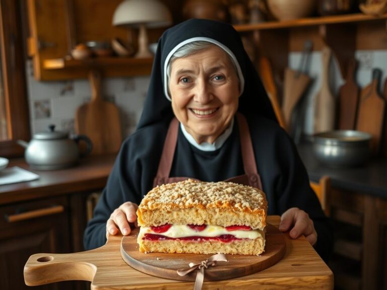 Siostra Anastazja prezentująca ciasto pleśniak w kuchni klasztornej
