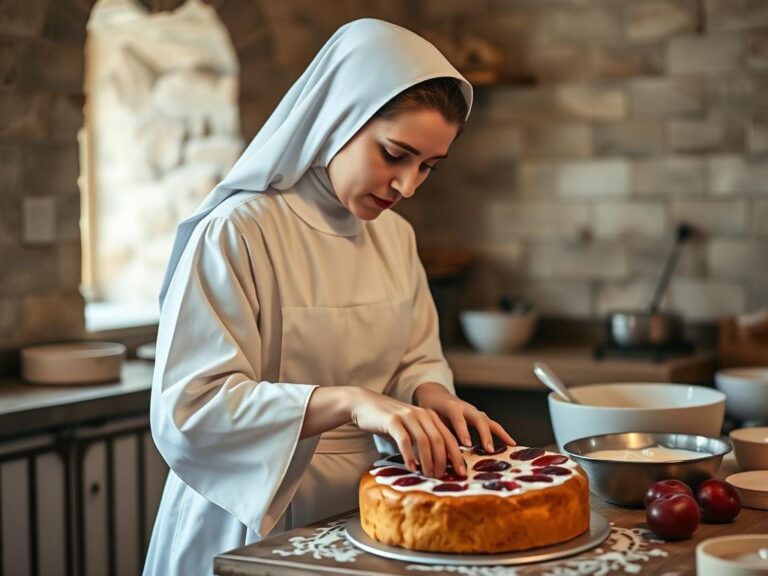 Siostra Anastazja przygotowująca ciasto ucierane ze śliwkami w klasztornej kuchni