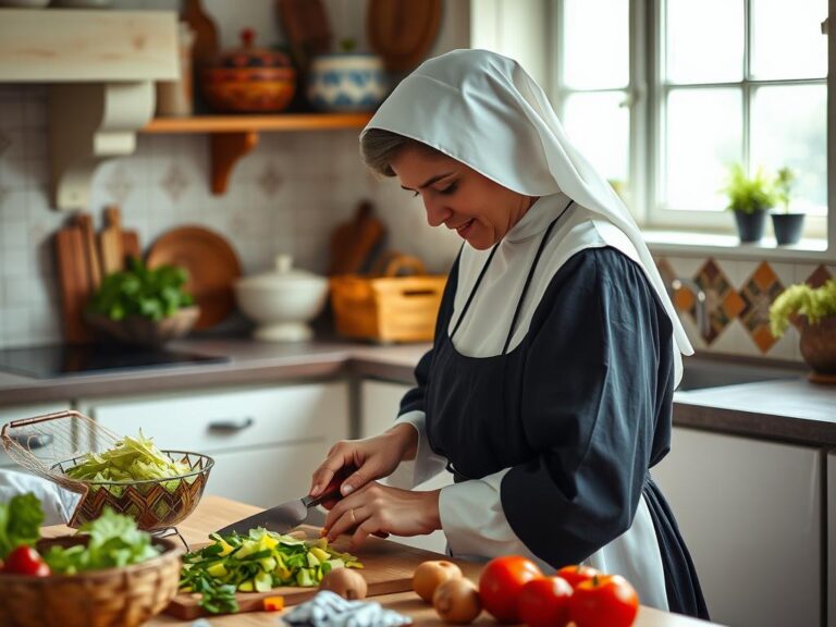 Siostra Anastazja przygotowująca najlepszą sałatkę jarzynową w kuchni klasztornej