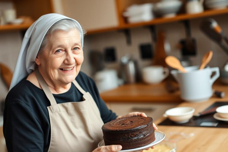 Siostra Anastazja w kuchni przygotowująca ciasto biszkoptowe