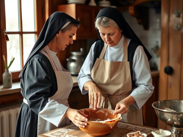 Siostra Anastazja w kuchni przygotowująca piernik z herbatą