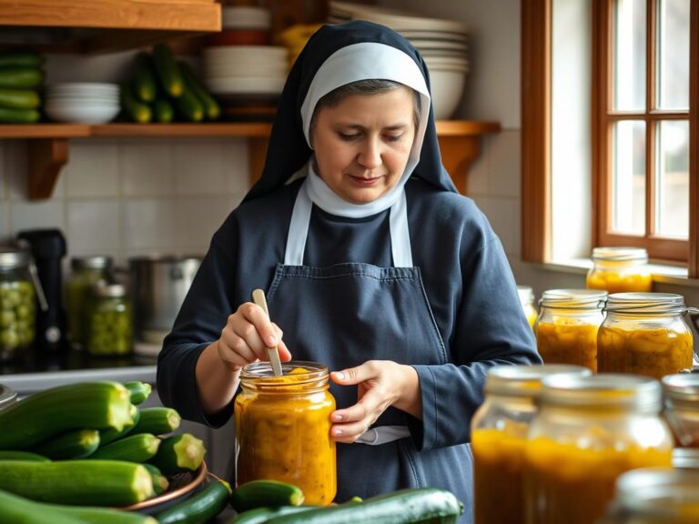Siostra Anastazja w kuchni przygotowująca przetwory z cukinii na zimę