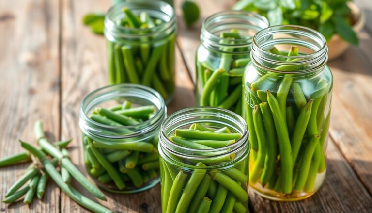 Słoiki z fasolką szparagową na zimę siostry Anastazji ułożone na drewnianym stole