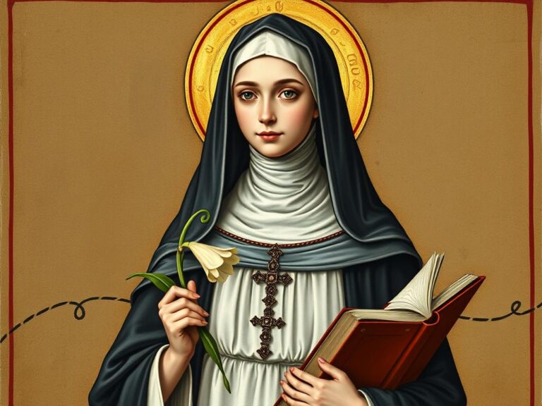 Święta Amelia (Amalberga) - średniowieczne przedstawienie świętej w tradycyjnym stroju zakonnym z atrybutami