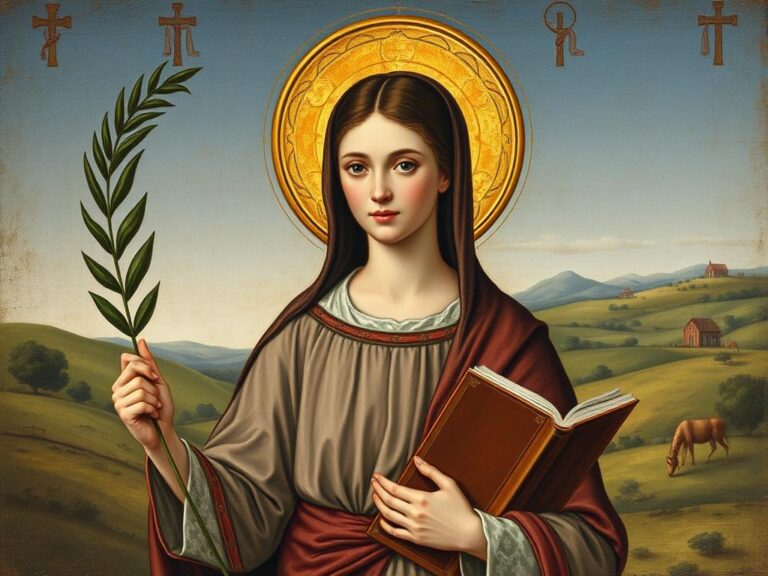 Święta Aurelia przedstawiona na średniowiecznym obrazie z charakterystycznymi atrybutami