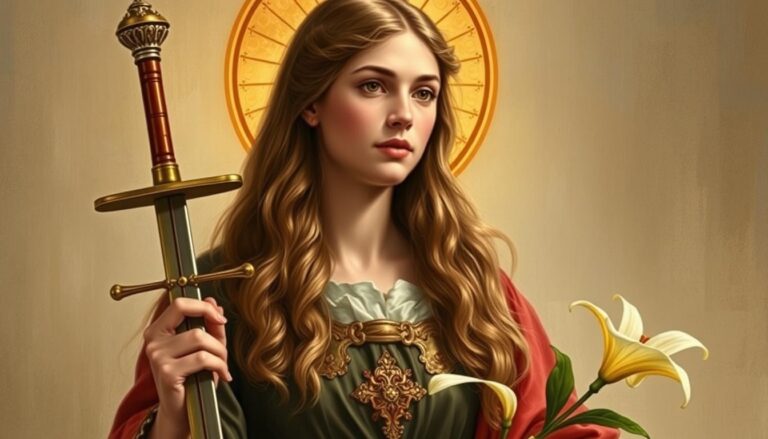 Święta Dymfna przedstawiona jako młoda kobieta z atrybutami świętości - mieczem i lilią