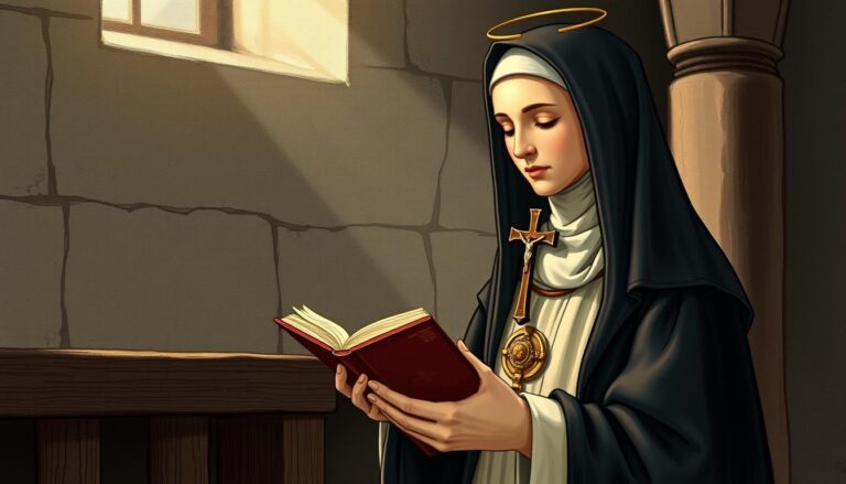 Święta Ewa z Dreux - średniowieczna ilustracja przedstawiająca świętą w klasztorze Montreuil