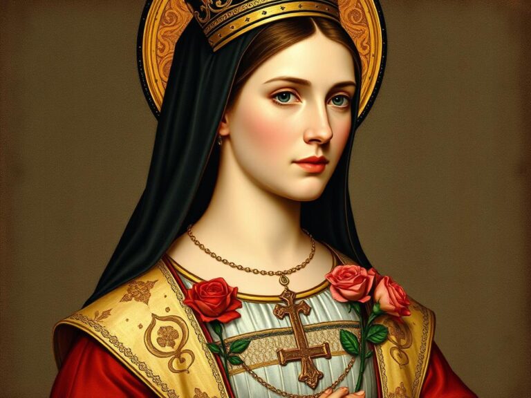 Święta Izabela Aragońska w królewskim stroju z różami w fałdach sukni