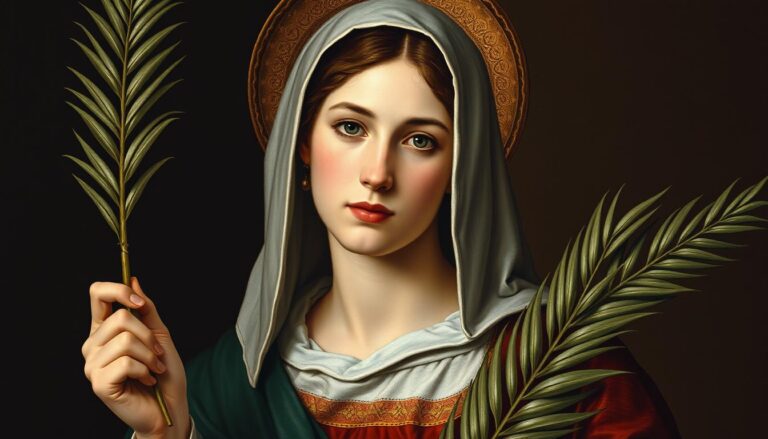 Święta Justyna z Padwy - portret historyczny ukazujący młodą kobietę w szatach z epoki wczesnego chrześcijaństwa