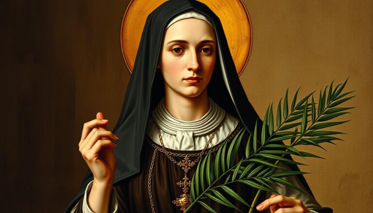 Święta Laura z Kordoby - średniowieczna ilustracja przedstawiająca świętą w otoczeniu symboli jej męczeństwa