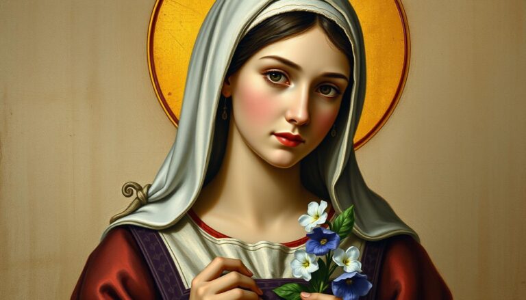 Święta Wioletta przedstawiona na obrazie religijnym z symbolicznymi fiołkami