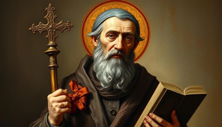 Święty Bożydar przedstawiany jako mnich z laską pielgrzyma i księgą