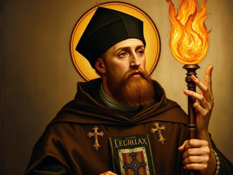 Święty Czesław Odrowąż w habicie dominikańskim z kulą ognia nad głową, patron Wrocławia