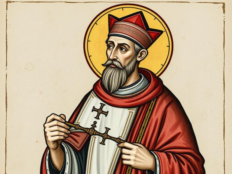 Święty Lucyfer z Cagliari - średniowieczna ilustracja przedstawiająca biskupa w szatach liturgicznych z pastorałem