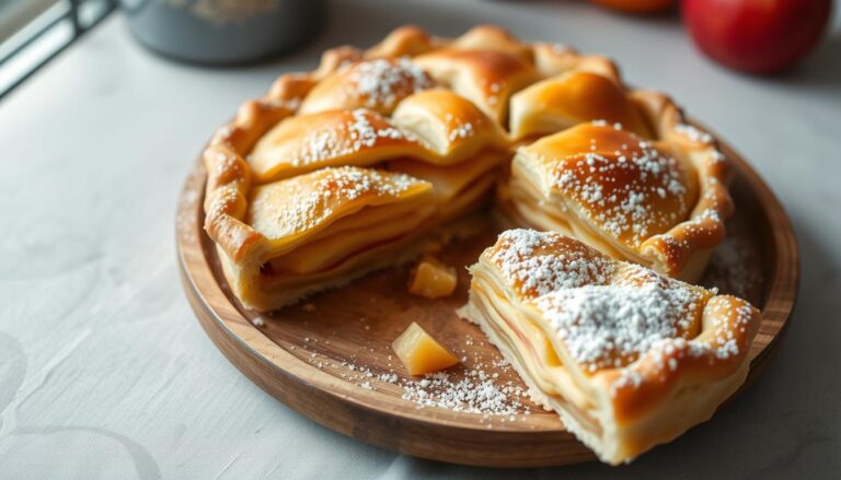 Szarlotka siostry Anastazji na drewnianym talerzu z kawałkiem odkrojonym, pokazującym warstwy jabłek i kruchego ciasta
