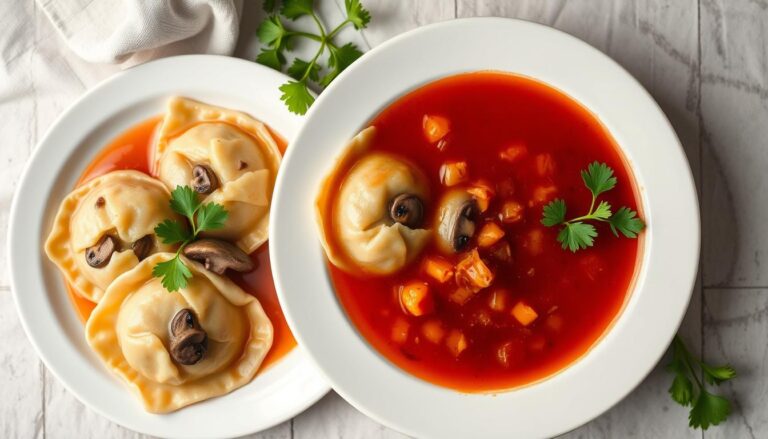 Uszka z pieczarkami przepis siostry Anastazji na talerzu obok barszczu czerwonego