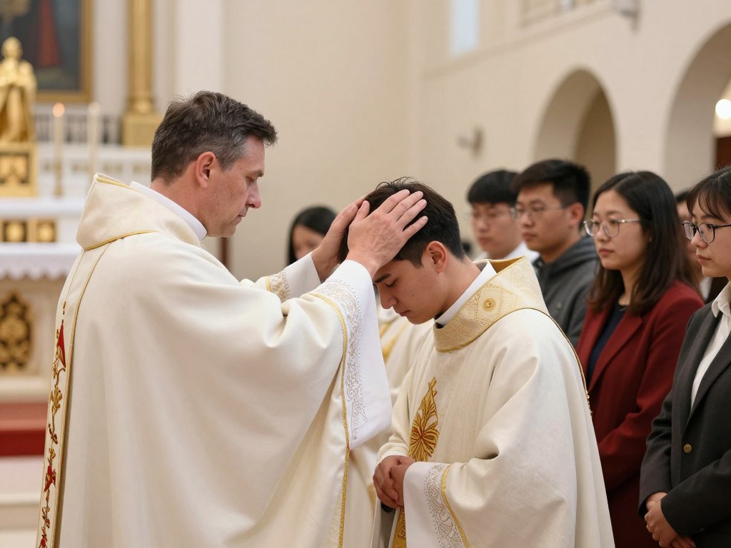 Biskup nakładający ręce na głowę kandydata podczas bierzmowania