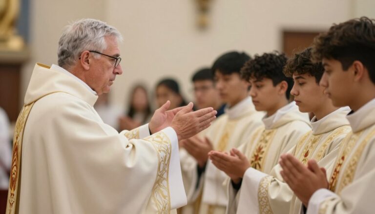 Biskup udzielający sakramentu bierzmowania młodym ludziom w kościele