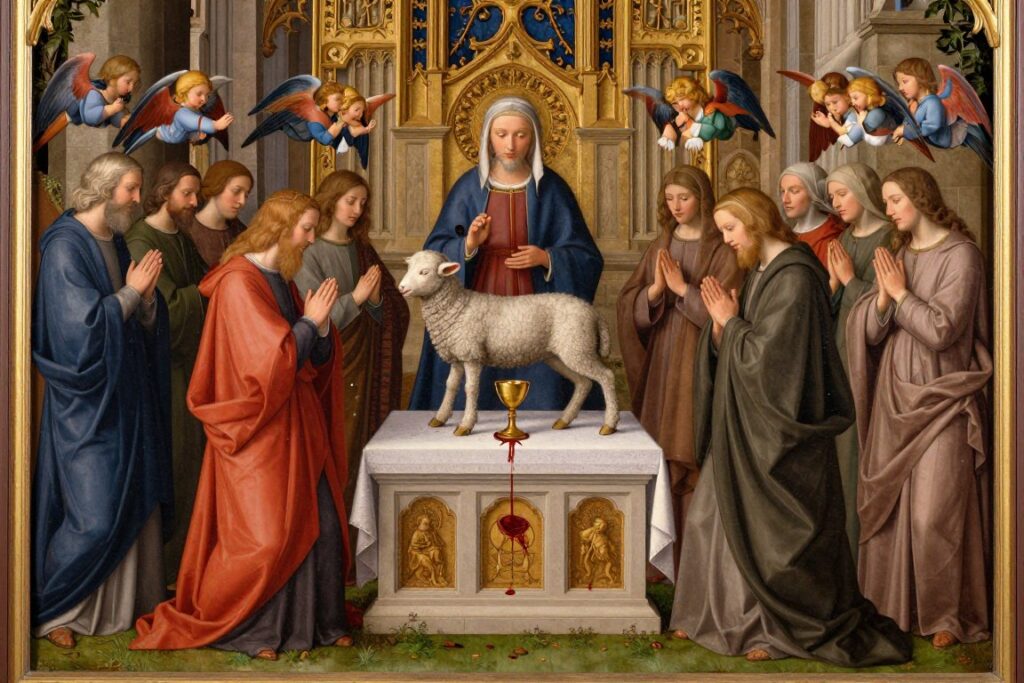 Centralny panel Ołtarza Gandawskiego przedstawiający Adorację Mistycznego Baranka