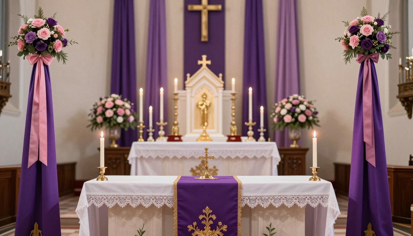 Fioletowe i różowe dekoracje adwentowe w kościele podkreślające symbolikę kolorów liturgicznych