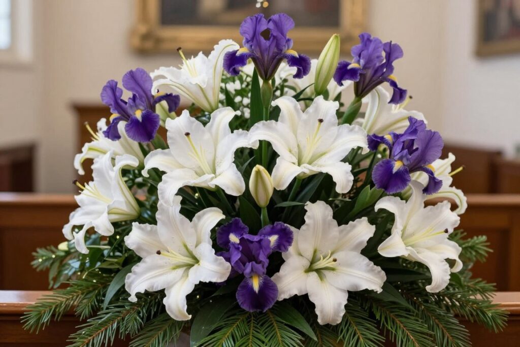 Kompozycja kwiatowa z białymi liliami i irysami symbolizującymi czystość Maryi w dekoracji adwentowej Kompozycja kwiatowa z białymi liliami i irysami symbolizującymi czystość Maryi w dekoracji adwentowej
