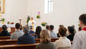 Kościół katolicki podczas Poniedziałku Wielkanocnego z wiernymi uczestniczącymi w mszy świętej