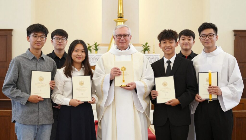 Młodzi ludzie po przyjęciu sakramentu bierzmowania z biskupem