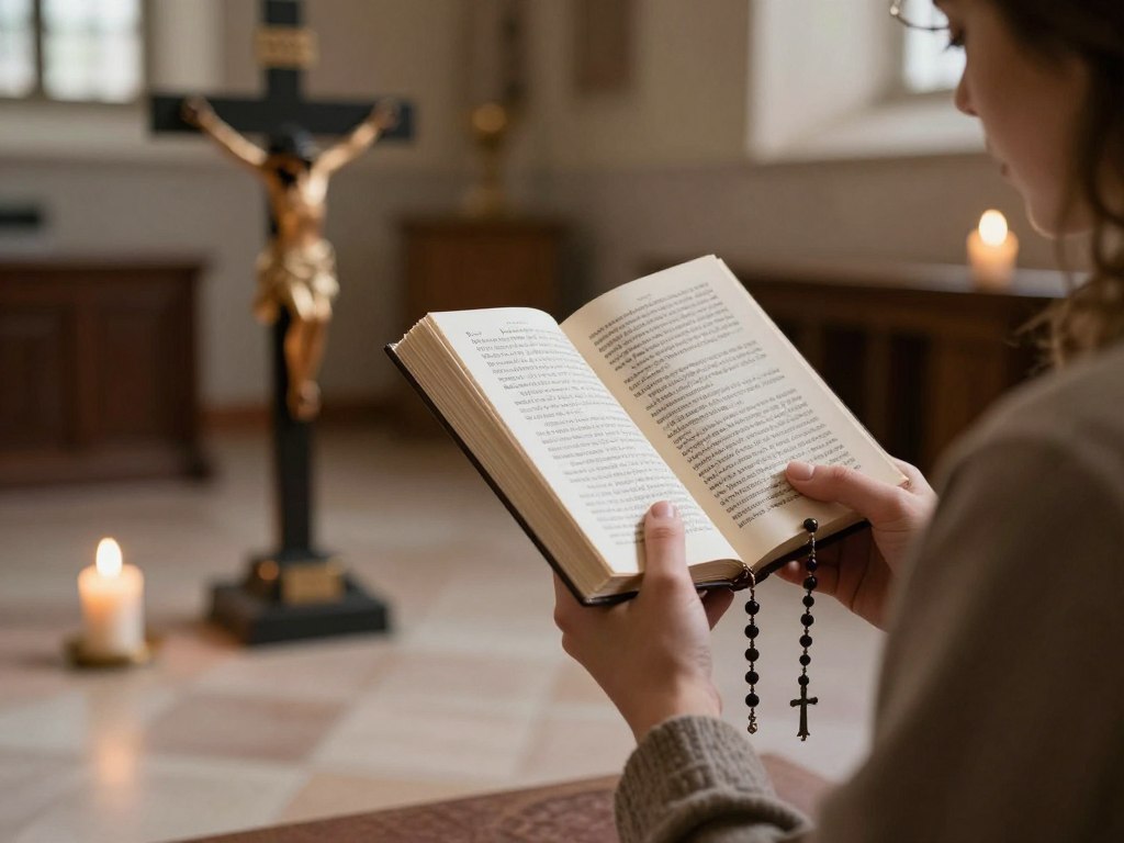 Osoba klęcząca przed krucyfiksem z książeczką do nabożeństwa, odmawiająca 15 modlitw św. Brygidy Osoba klęcząca przed krucyfiksem z książeczką do nabożeństwa, odmawiająca 15 modlitw św. Brygidy