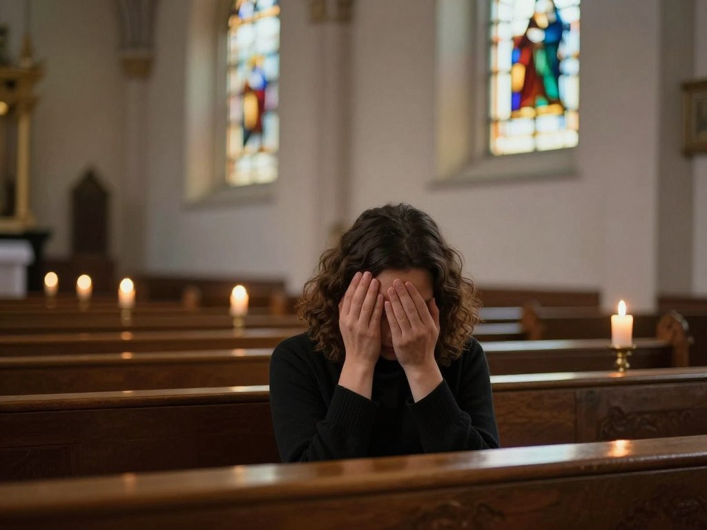 Osoba modląca się przed rozpoczęciem mszy świętej