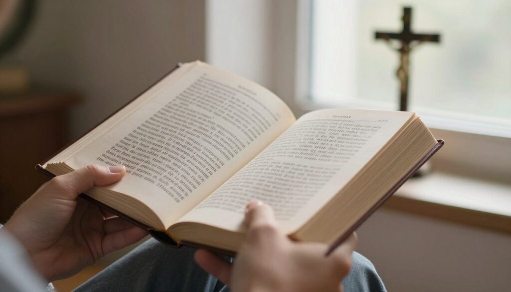 Osoba rozpoczynająca modlitwę z tekstem 15 modlitw św. Brygidy, symbolizująca początek duchowej podróży Osoba rozpoczynająca modlitwę z tekstem 15 modlitw św. Brygidy, symbolizująca początek duchowej podróży