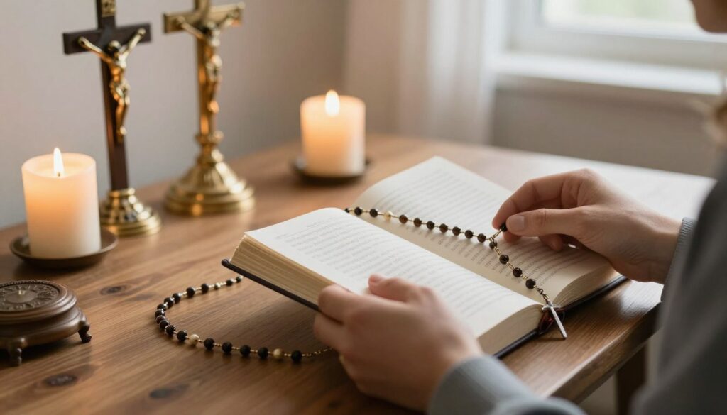Osoba rozpoczynająca praktykę 15 modlitw św. Brygidy - przygotowanie modlitewnika i różańca Osoba rozpoczynająca praktykę 15 modlitw św. Brygidy - przygotowanie modlitewnika i różańca