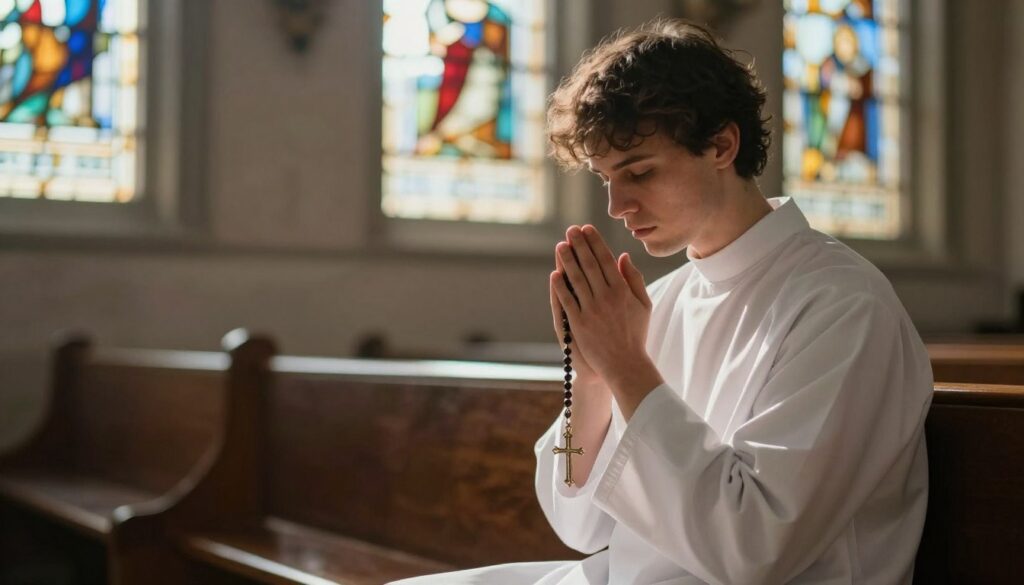 Osoba w modlitewnej zadumie rozważająca tajemnice bolesne różańca Osoba w modlitewnej zadumie rozważająca tajemnice bolesne różańca