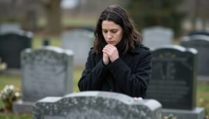 Osoba w żałobie stojąca przed nagrobkiem, symbolizująca pytanie czy żałoba jest obowiązkowa