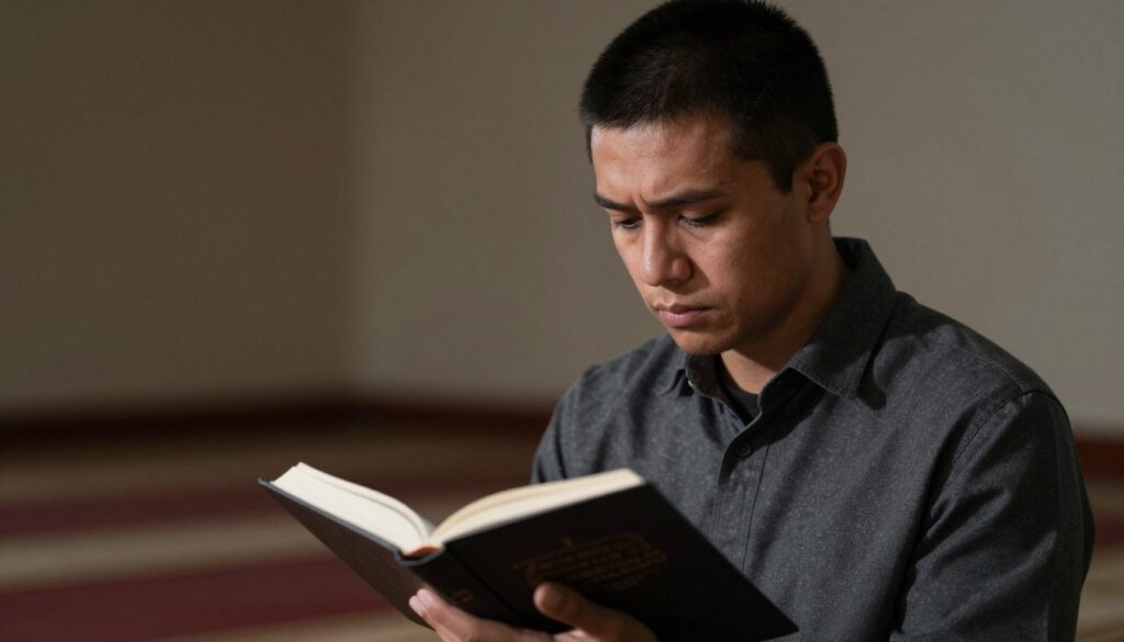 Osoba z wyrazem skupienia i trudności podczas modlitwy, symbolizująca wyzwania związane z praktyką modlitewną Osoba z wyrazem skupienia i trudności podczas modlitwy, symbolizująca wyzwania związane z praktyką modlitewną