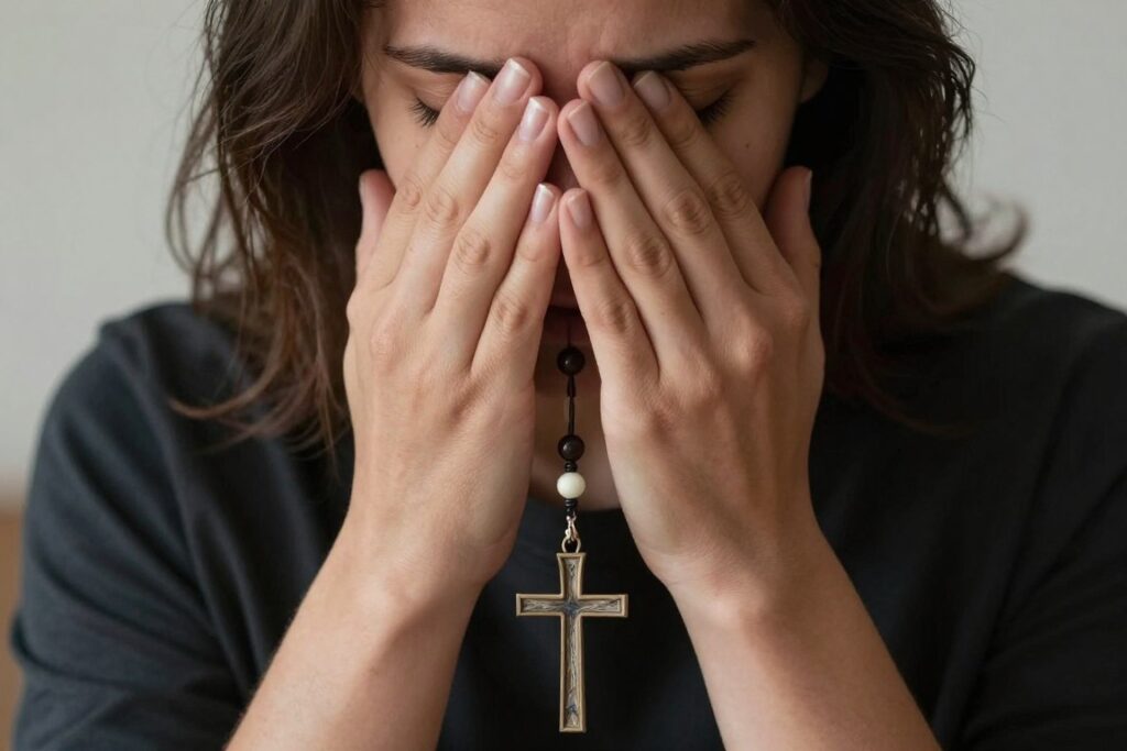 Osoba znajdująca pocieszenie w modlitwie podczas trudnych doświadczeń życiowych Osoba znajdująca pocieszenie w modlitwie podczas trudnych doświadczeń życiowych