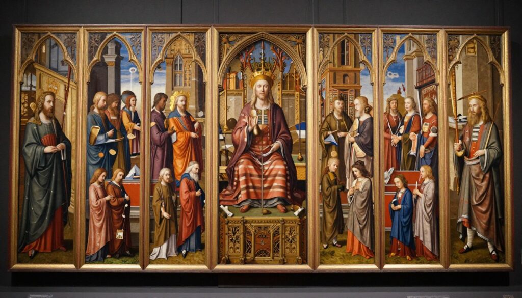 Panoramiczny widok na otwarty Ołtarz Gandawski ukazujący całość tego monumentalnego dzieła