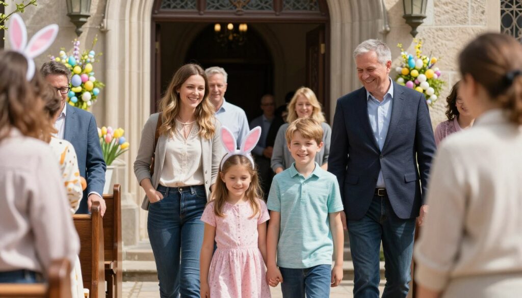 Rodzina po mszy świętej w Poniedziałek Wielkanocny, wychodzący z kościoła wierni Rodzina po mszy świętej w Poniedziałek Wielkanocny, wychodzący z kościoła wierni