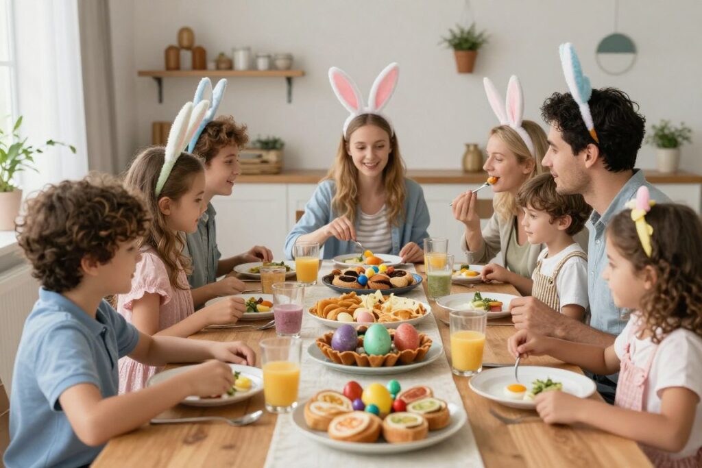 Rodzina uczestnicząca w tradycjach Poniedziałku Wielkanocnego, wspólny posiłek świąteczny Rodzina uczestnicząca w tradycjach Poniedziałku Wielkanocnego, wspólny posiłek świąteczny