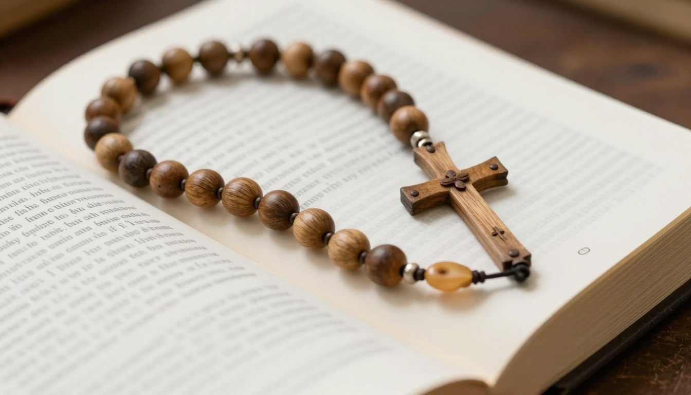 Różaniec z drewna oliwnego leżący na otwartej Biblii, symbolizujący tajemnice bolesne
